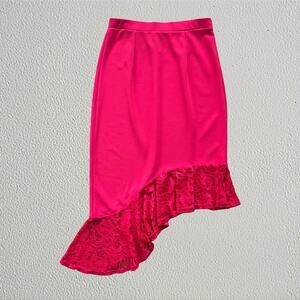 Red asymmetrical lace hem midi skirt
